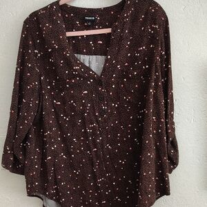 Torrid Brown Blouse With Hearts with 3/4 Sleeves and Mandarin Collar